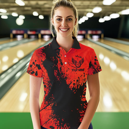Black and Red Womens Bowling Polo, Quarter Zip Shirts Custom Bowling Team League Jerseys NQS9569