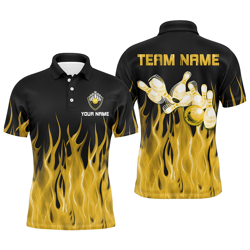 Personalized Men Polo, 1/4 Zip Bowling Shirt Yellow Flame Bowling Ball Pins bowling jersey for Bowler NQS8517