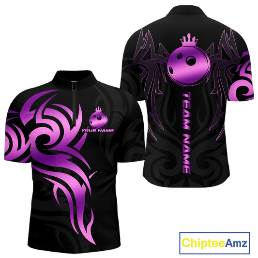 Black and Purple crown Bowling ball Polo, Quarter Zip Shirts for Men Custom Bowling Team jerseys NQS10732