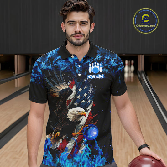 Blue Flame American Flag Eagle bowling shirts for Men Custom Bowling Team Jersey, gift for Bowler NQS9606