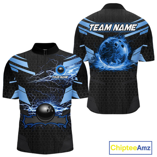 Black and Blue Lightning Thunder Bowling Shirts For Men Custom Bowling Team Jerseys, Gift For Bowlers NQS11140