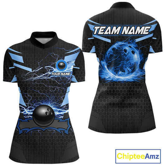 Black and Blue Lightning Thunder Bowling Shirts For Women Custom Bowling Team Jersey, Gift For Bowler NQS11140