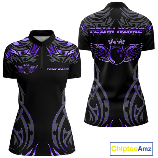 Personalized Black And Purple tribal pattern Bowling Shirt For Women, angel wings Bowling Team jersey NQS10760