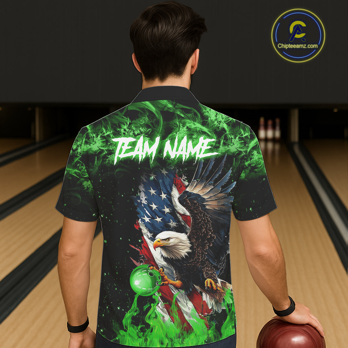 Green Flame American Flag Eagle Bowling Hawaiian shirt Custom Bowling Team button-up shirts NQS11555
