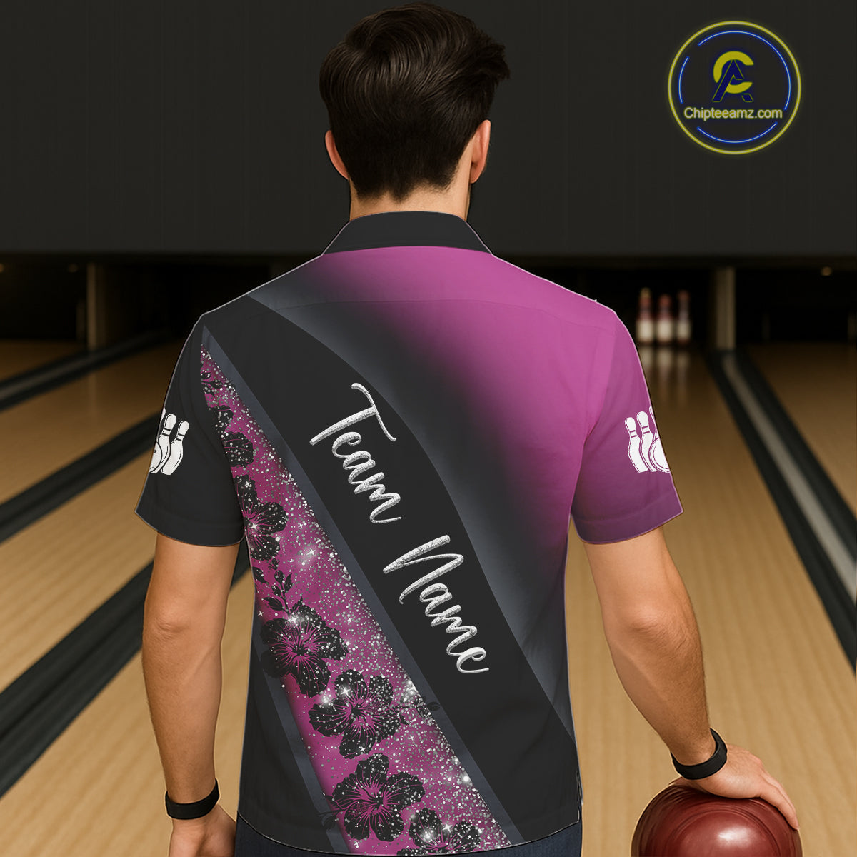 Black and Pink Glitter Flower Bowling Hawaiian shirt Custom Bowling Team Jerseys NQS11685