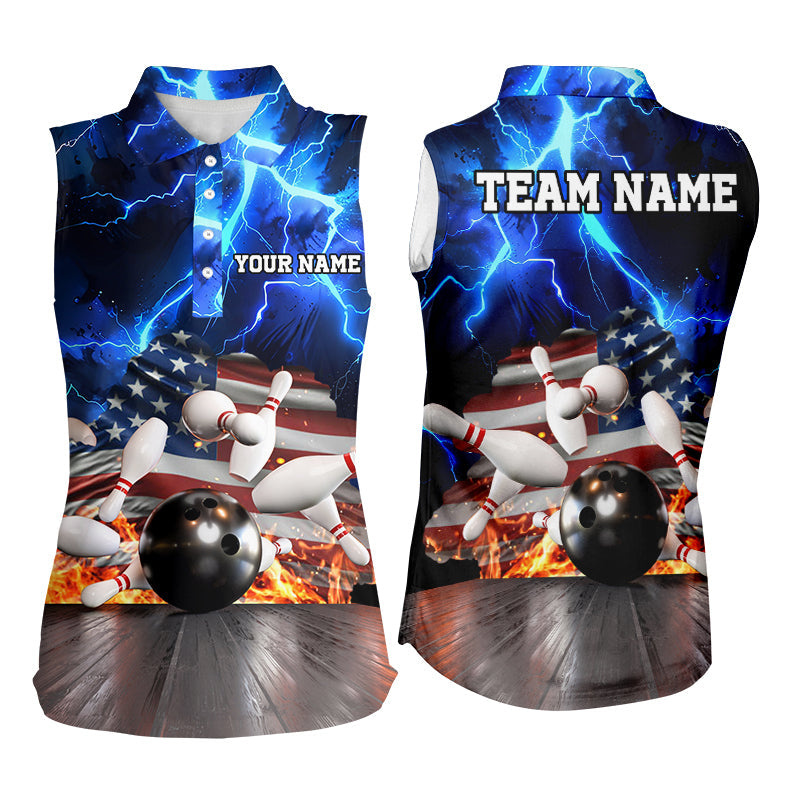 Blue Lightning thunder storm American Flag Bowling sleeveless polos Custom Bowling Team League Jerseys NQS8579