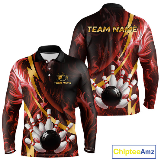 Personalized Bowling Polo, Quarter Zip Shirts for Men Custom Red Flame and Gold Bowling Team Jersey NQS11146