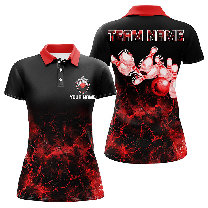 Personalized Womens bowling polo shirt Red lightning Bowling Ball Pins bowling jerseys for Bowler NQS7376