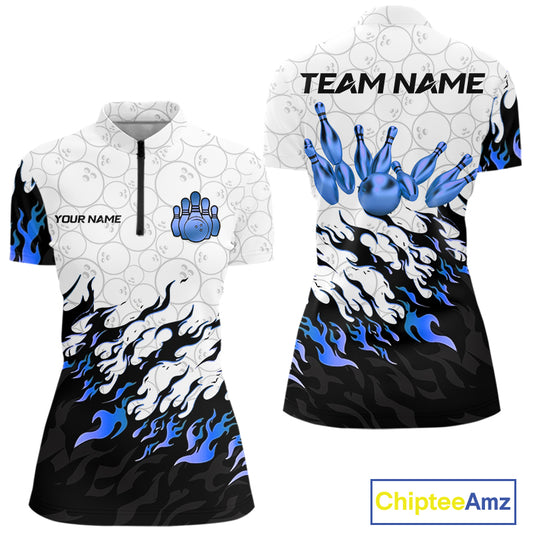 Black and White Camo Bowling Shirts For Women Custom Bowling Team League Jerseys | Blue NQS10561