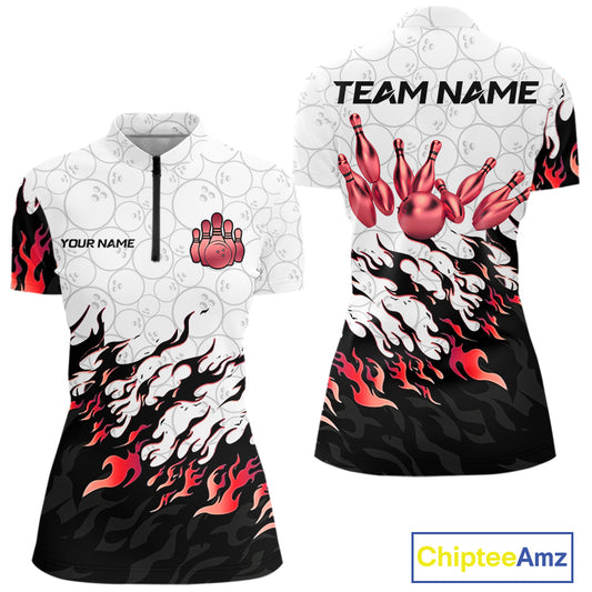 Black and White Camo Bowling Shirts For Women Custom Bowling Team League Jerseys | Red NQS10563