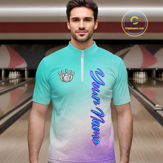 Custom Cyan Blue And Purple Glitter Butterfly Mens Bowling Team Shirts, Bowling League Shirt For Men NQS11704