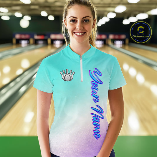 Custom Cyan Blue And Purple Glitter Butterfly Women Bowling Team Shirts, Ladies Bowling League Shirt NQS11704