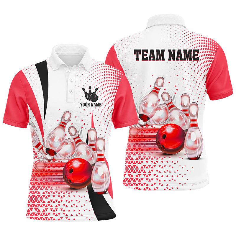 Men Bowling Polo Shirt Custom bowling ball pins bowling team shirts, gifts for bowlers | Red NQS7392