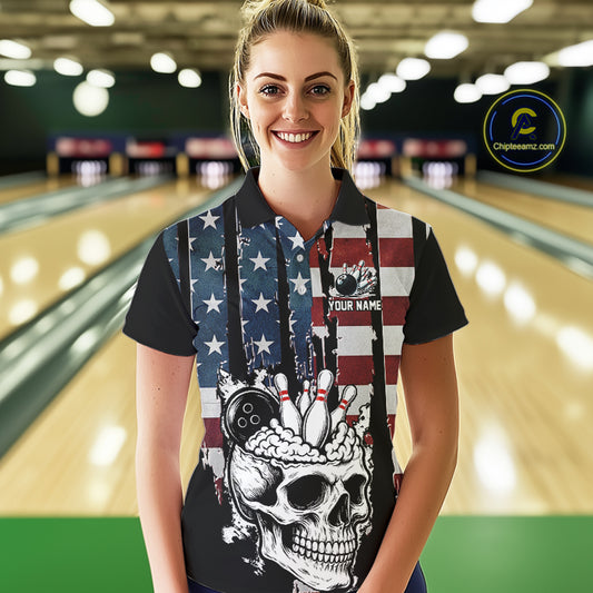 Vintage American Flag retro skull bowling shirts for Women Custom patriotic Bowling Team Outfit NQS10048