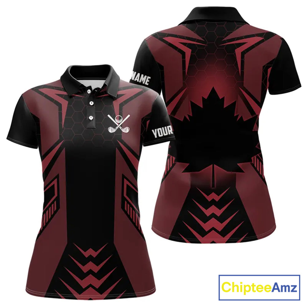 Black and Red Canadian Flag Womens Golf Polo Shirts Custom Patriotic Golf Gifts For Women NQS9096