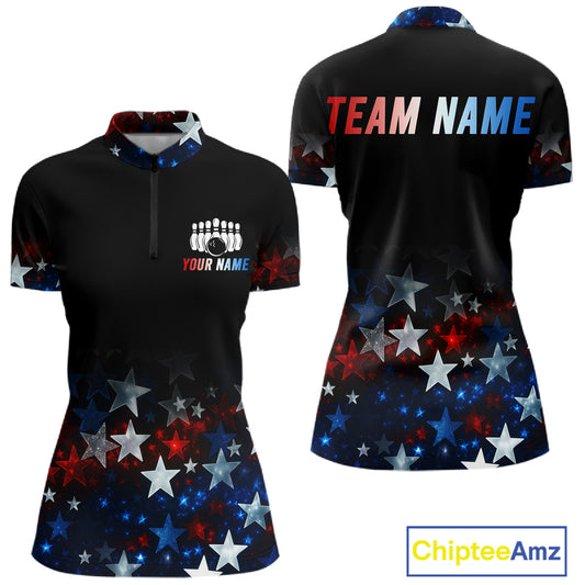 Personalized Red, White and Blue Stars Pattern Bowling Team Shirts For Women Patriotic Bowling Gifts NQS11169