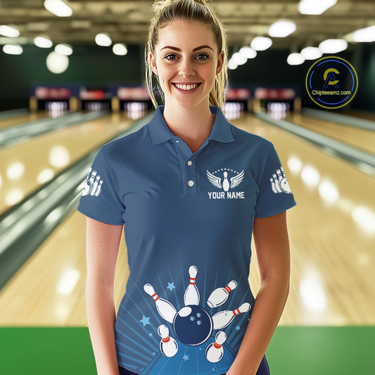 Strike Bowling Polo, Quarter-Zip Shirts For Women Custom Bowling Team Jerseys Bowlers Outfit | Blue NQS9926