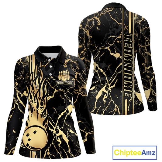 Black and Gold Camo Flame Bowling Polo, Quarter Zip Shirts For Women Custom Team Bowling Jerseys NQS11183