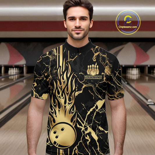 Black and Gold Camo Flame Bowling Polo, Quarter Zip Shirts For Men Custom Team Bowling Jerseys NQS11183