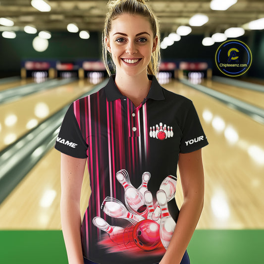 Black and red light Women bowling Polo, Quarter Zip Shirt Custom bowling ball and pins Team jerseys NQS9828