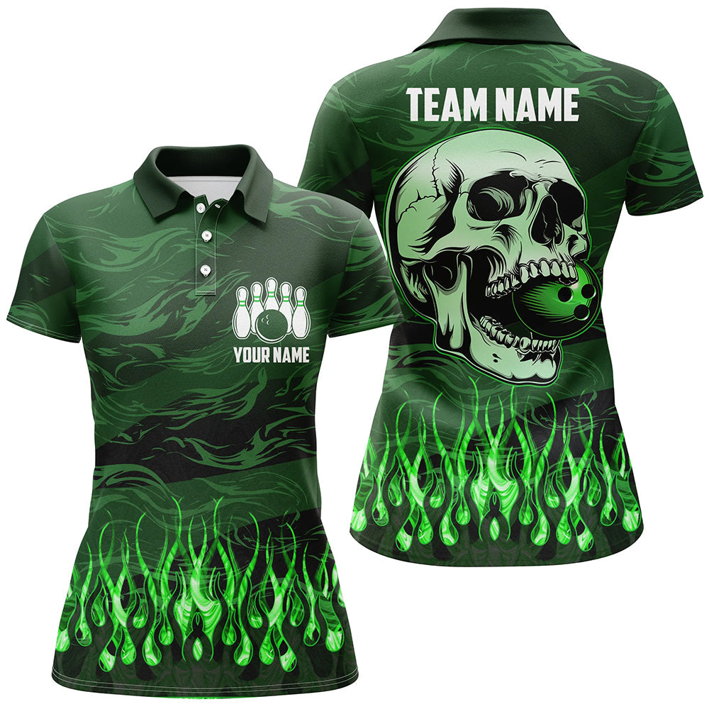 Women bowling polo shirts Custom Green camo Flame Skull Bowling Team Jerseys, gift for Bowlers NQS7431