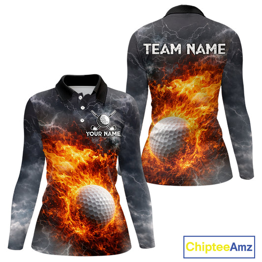 Custom Orange Flame Lightning Thunder Womens Golf Polo Shirt, Golf attire For Ladies Golfing Gifts NQS11619