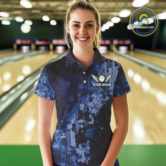Blue Camo Bowling Polo, Quarter Zip Shirts For Women Custom Bowling Team Jerseys, Gift For Bowlers NQS10454