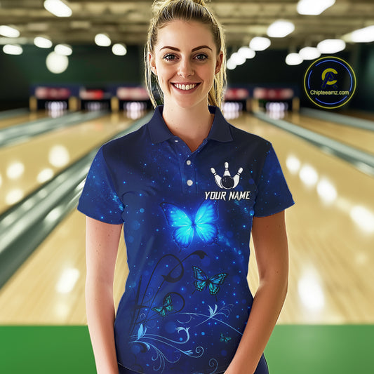 Blue galaxy Butterfly Bowling Polo, Quarter Zip shirts For Women Custom Butterfly Team bowling jersey NQS11268