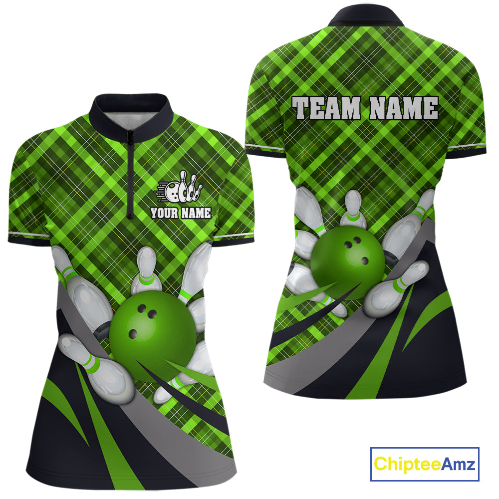 Green Plaid Christmas pattern Bowling shirt For Women Custom Team Bowling Jersey Xmas Gift For Bowler NQS10492