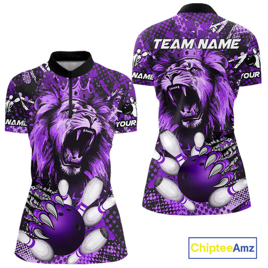 Purple Camo Lion roar Bowling Polo, Quarter Zip Shirts for Women Custom Lion Bowling Team jerseys NQS11525
