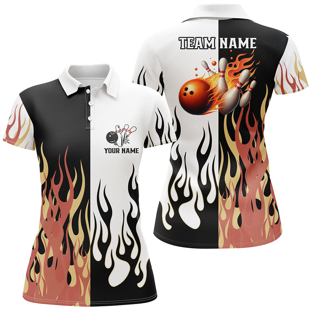 Black and white Women bowling polo shirts Custom flame bowling Team Jerseys, womens bowling shirts NQS7351