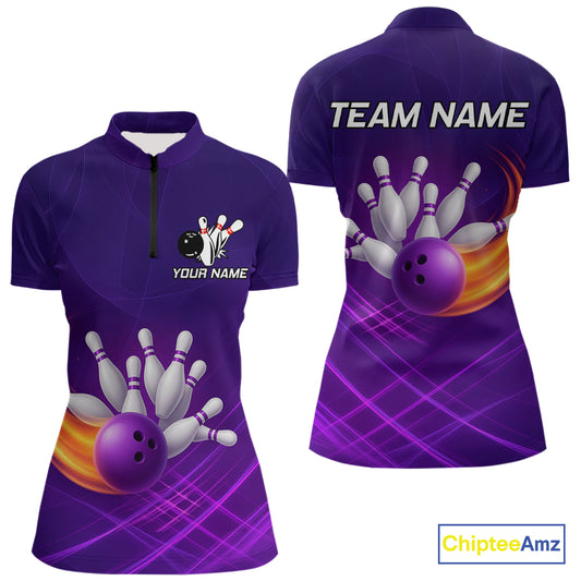 Purple Flame Bowling Polo, Quarter Zip Shirts For Women Custom Team Bowling Jersey Uniform NQS10768