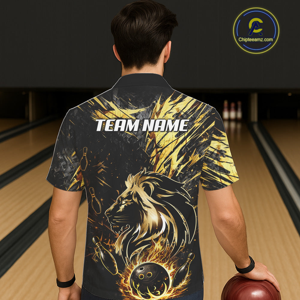 Black and Gold Lion Bowling Button-up Shirt Custom Lion Bowling Team Hawaiian jerseys NQS11682