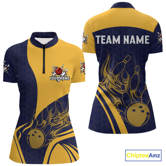 Blue and Yellow flame Women Bowling polo, 1/4 zip shirts custom Bowling team jerseys bowlers outfit NQS10983