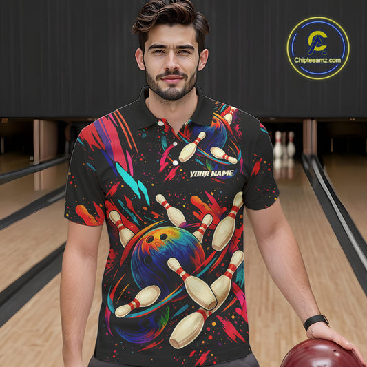 Colorful Watercolor bowling ball and pins Team jerseys Custom Men bowling Polo, Quarter Zip Shirt NQS9833