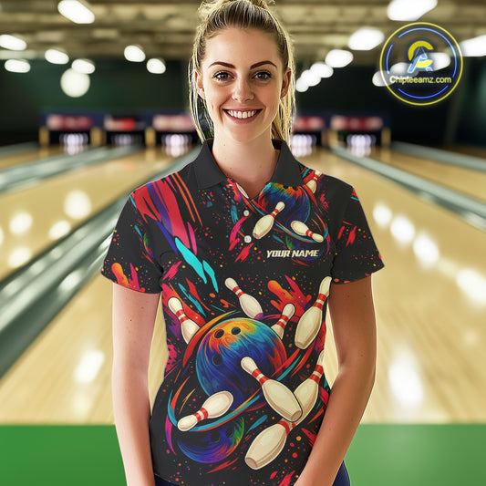 Colorful Watercolor bowling ball and pins Team jerseys Custom Women bowling Polo, Quarter Zip Shirt NQS9833