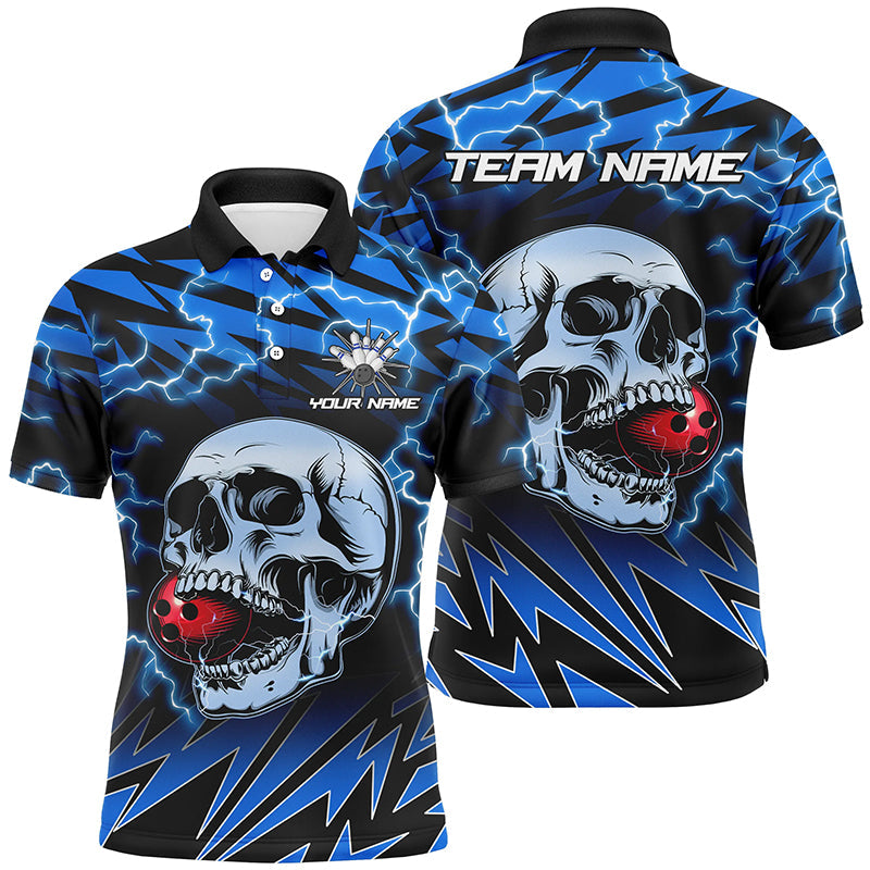 Mens bowling polo shirts Custom blue lightning thunder Skull Bowling Team Jersey, gift for Bowlers NQS7420