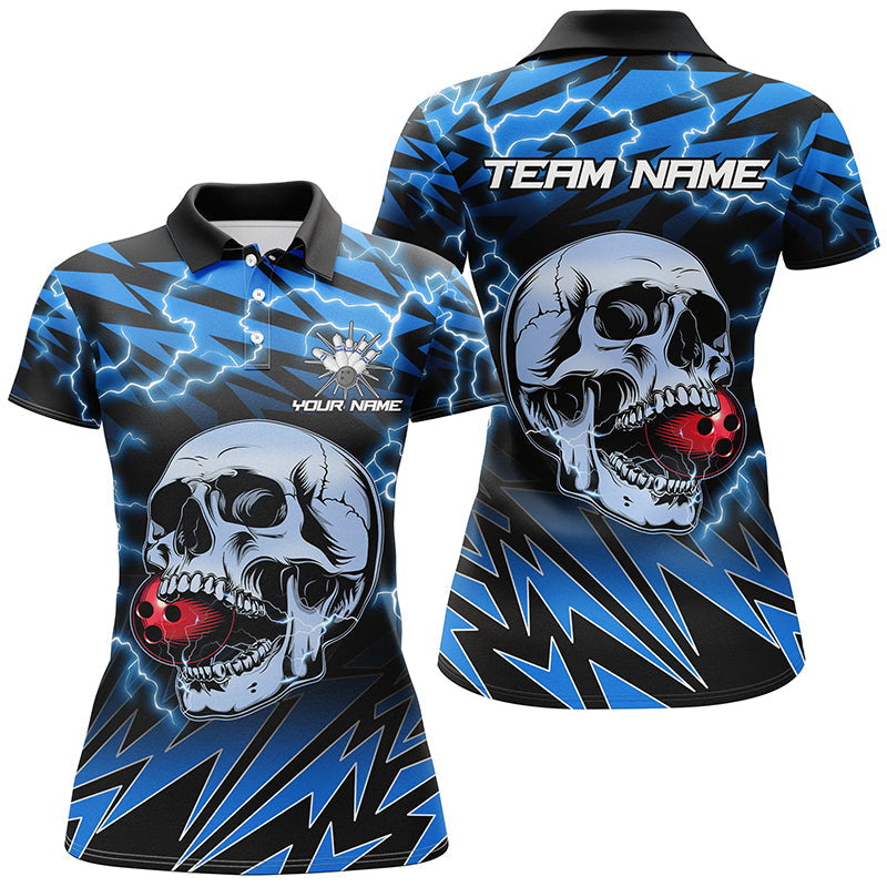 Women bowling polo shirts Custom blue lightning thunder Skull Bowling Team Jersey, gift for Bowlers NQS7420