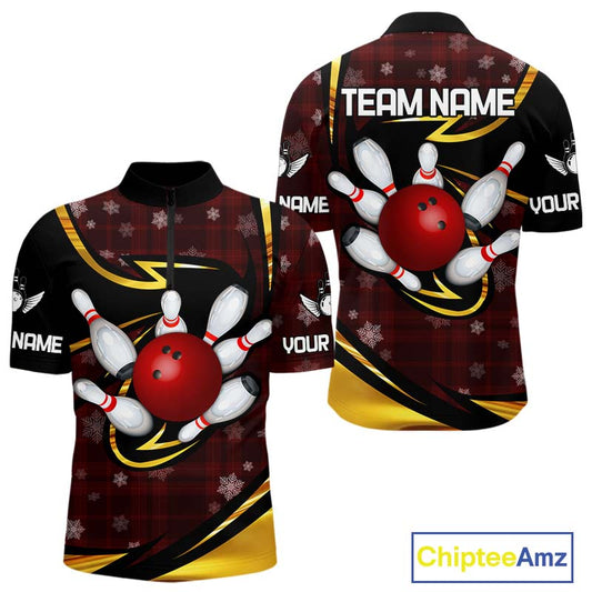 Red Christmas Plaid pattern snowflake Black and Gold Men's Bowling shirts Custom Xmas Bowling Gifts NQS10997
