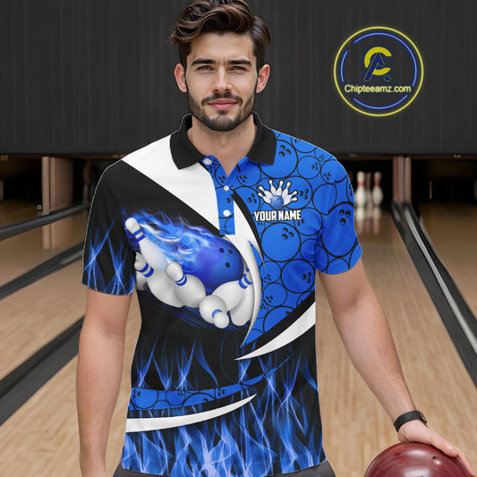 Blue Flame Bowling Camo Bowling Polo, Quarter Zip Shirts For Men Custom Bowling Team Bowler Jerseys NQS11195