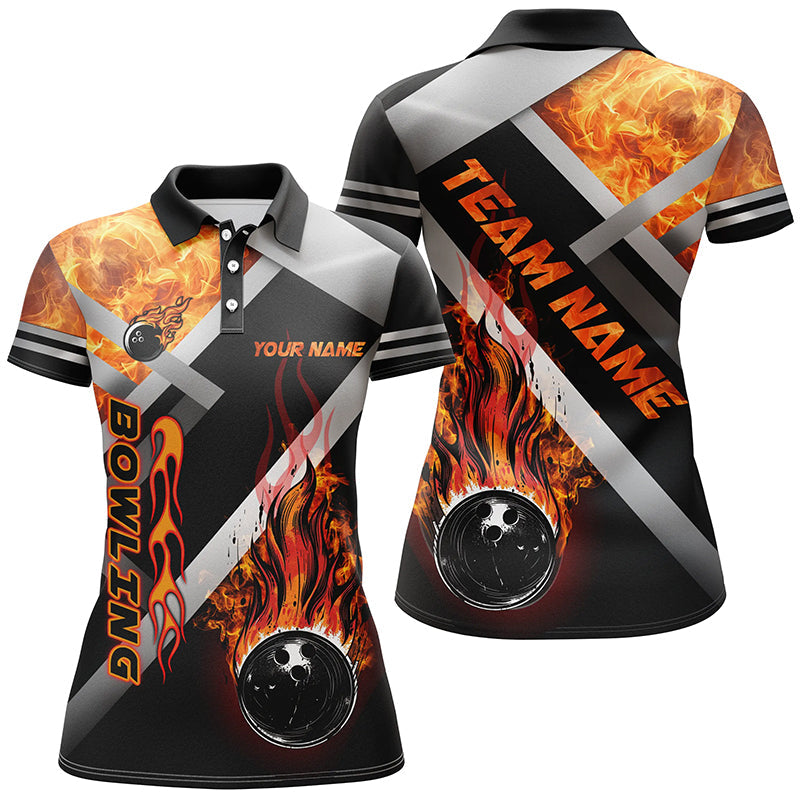 Women bowling polo shirts Custom Black bowling ball Flame Bowling Team Jerseys, gift for Bowlers NQS7432