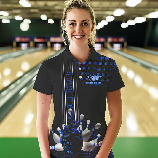 Personalized Black and Blue Flame Bowling Polo, Quarter Zip Shirt For Women Custom Bowling Team Jersey NQS9497