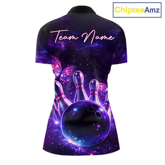 Custom Purple Galaxy Butterfly Bowling Shirts For Women, Bowling Team Shirt With Butterflies NQS11627