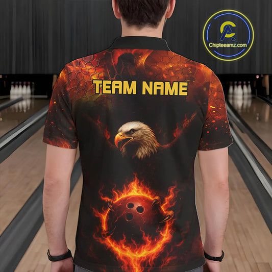 Personalized Flame Eagle Bowling Polo, Quarter Zip Shirts For Men Custom Team Eagle Bowling Jerseys NQS11236
