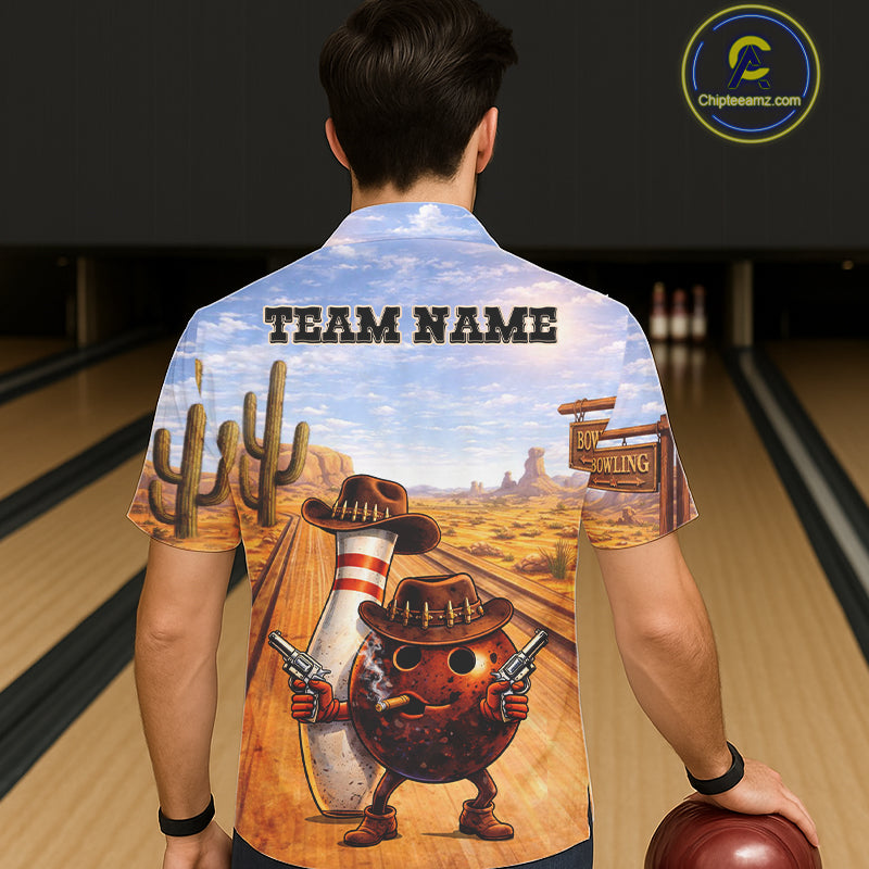 Funny desert Bowling Cowboy gun Bowling Hawaiian jerseys Custom button up bowling team shirts NQS11434