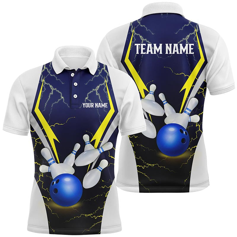 Blue lightning thunder bowling ball and pins custom Men Bowling Polo Shirts, team bowling jersey NQS7455
