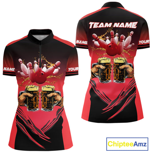 Bowling Beer Black and Red Bowling Polo, 1/4 Quarter zip shirts Custom Women Team Bowling jerseys NQS10873