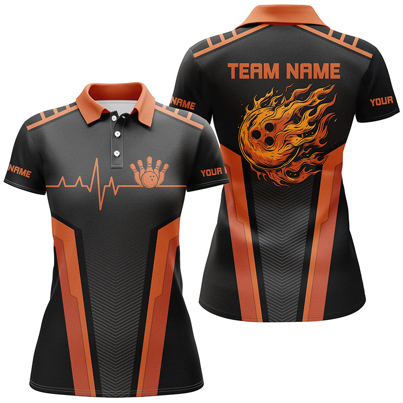 Black and orange Flame Bowling shirts for Women custom Bowling Ball Pins heartbeat team bowling shirts NQS7827