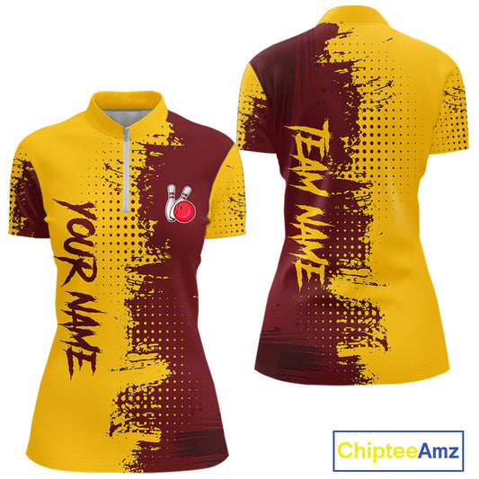 Yellow and Red Bowling Polo, Quarter Zip shirts for Women Custom Bowling Team Jerseys NQS10882
