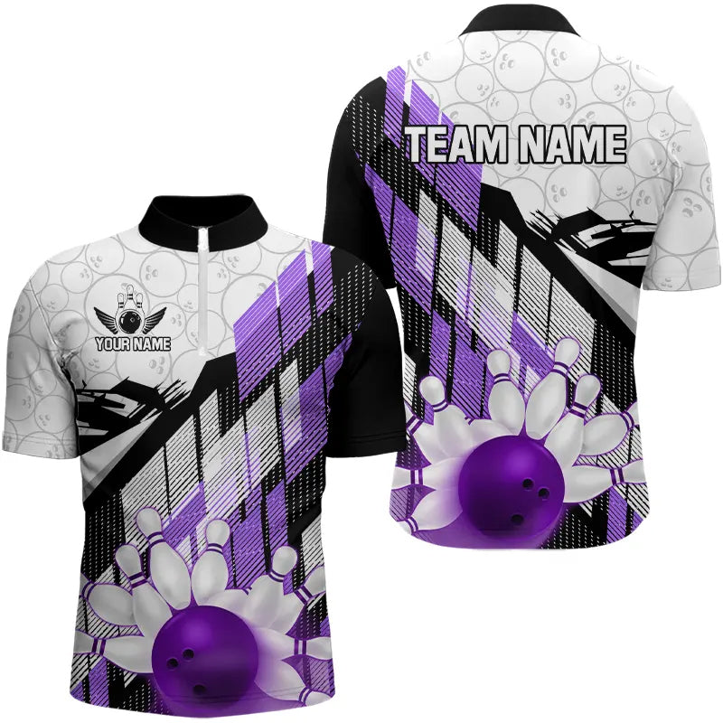 Purple Camo Bowling Polo, 1/4 Zip Shirt for Men Custom Team bowling jerseys, personalized bowling gift NQS9176